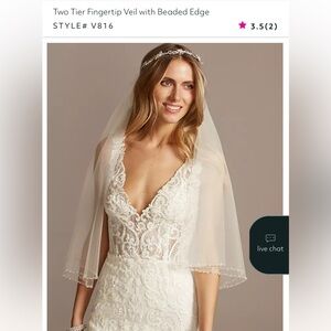 David's Bridal Two Tier Fingertip Veil with Beaded Edge - White